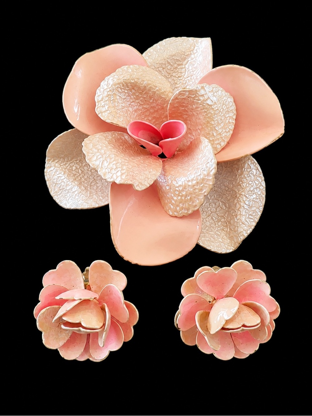 1950’s Mid Century Pink Enamel Orchid Flower Brooch & Clip Earrings Parure Set
